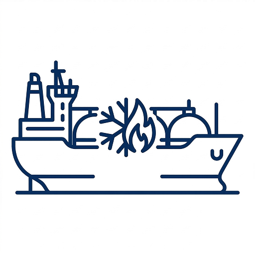 船の輪郭に雪の結晶と炎のアイコンが表示されており、カナダ、ブリティッシュコロンビア州のLNG輸出インフラと天然資源量を象徴しています。