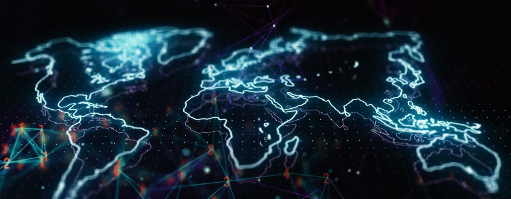 抽象的なビッグデータの背景に関するホログラフィック世界地図のイラスト。未来のテクノロジーコンセプト